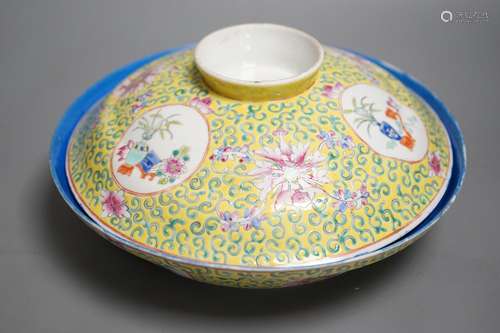 A large Chinese famille rose yellow ground bowl and cover, R...