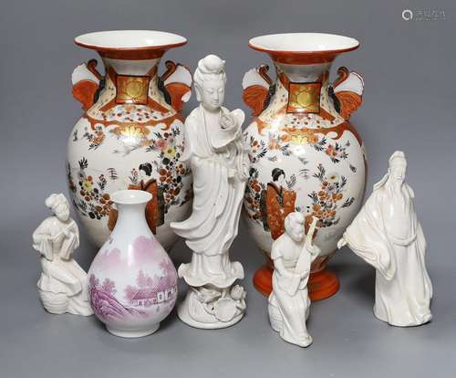 4 Chinese blanc-de-chine figures, a Chinese puce enamelled v...