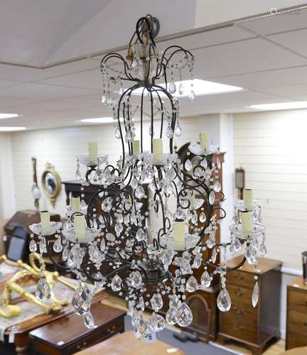 A French ornate wrought iron and glass drop large chandelier...