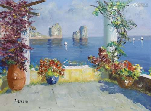 Severino Silvani, oil on canvas, View from a Mediterranean t...