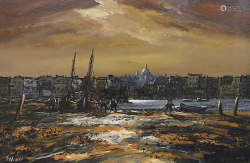 Edward Elliott, oil on board, City viewed from beached fishi...