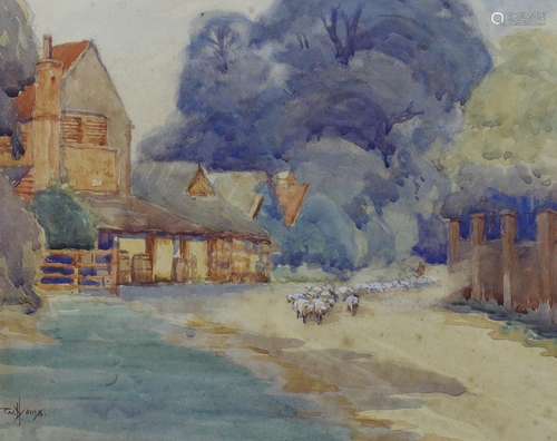 William Hyams (1878-1952), watercolour, Shepherd and flock o...