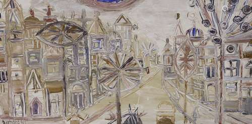 Bernard 1969, oil on canvas, Stylised street scene, signed a...