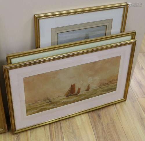 T. Mortimer, watercolour, Fishing boats at sea, 23 x 51cm an...