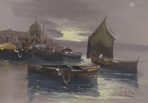 Situ, oil on canvas, Moored boats off the Italian coast, sig...