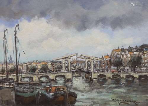 Dutch School, oil on canvas, Bridge in Amsterdam, indistinct...