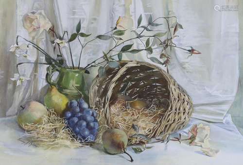 Fanny J. Ogden, watercolour, Still life of fruit, a jug and ...