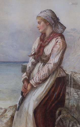 Victorian School, watercolour, woman beside the seashore, mo...