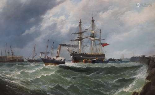 H. Redmore, oil on canvas, Steam tugs towing a sailing ship ...