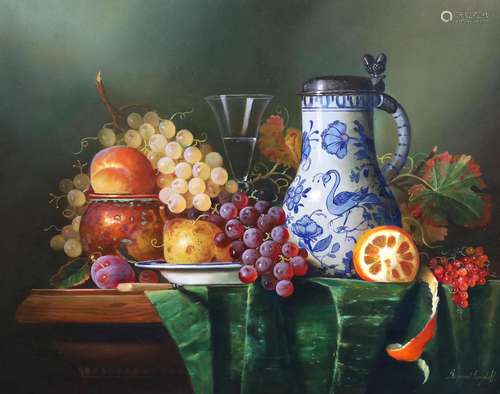 § § Raymond Campbell (b.1956) Still life of a delft flagon a...