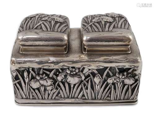 A Japanese silver double inkwell by Arthur Bond, Yokohama, c...