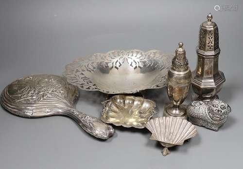 Mixed silver and white metal items including two silver cast...