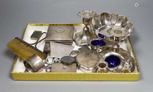 Assorted silver including a pierced bowl, pair of dwarf cand...