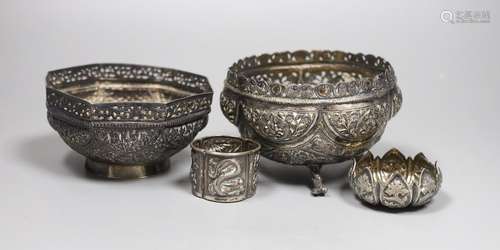 Two early 20th century Indian repousse white metal bowls, wi...