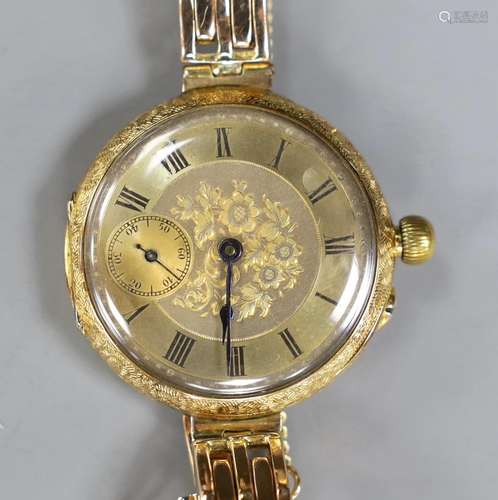 An early 20th century engraved 18ct gold fob watch, now conv...