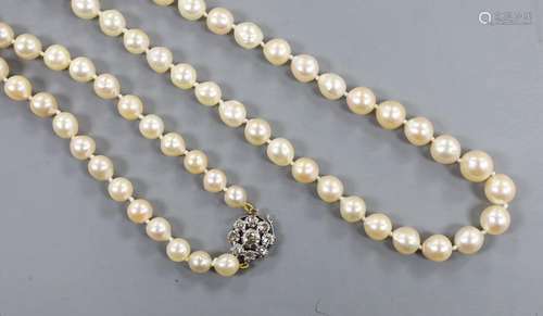 A single strand cultured pearl necklace, with diamond cluste...