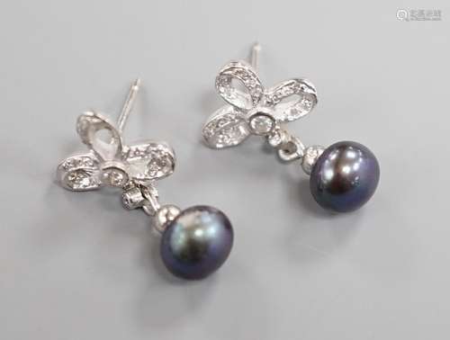 A modern pair of 750 white metal, Tahitian cultured pearl an...