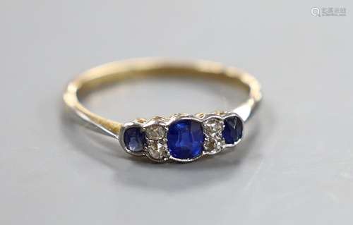 A 1920s 18ct and plat, three stone sapphire and four stone d...