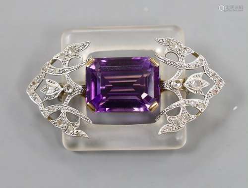 An Art Deco style yellow and white metal, amethyst, rose cut...