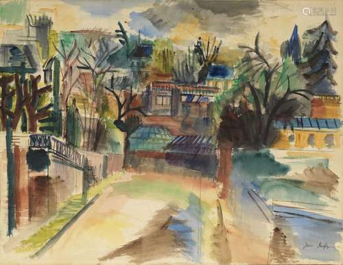 Jean DUFY - Maisonnées dans un paysage - Gouache signée en b...