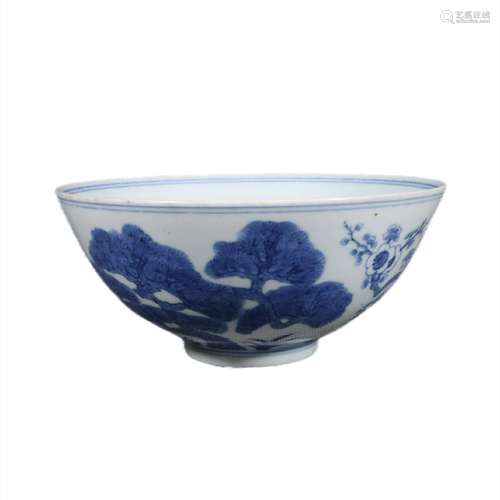 Blue and white pine, bamboo and plum bowl