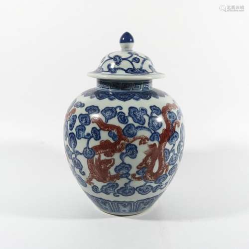 Blue and white glazed red dragon pattern lid jar