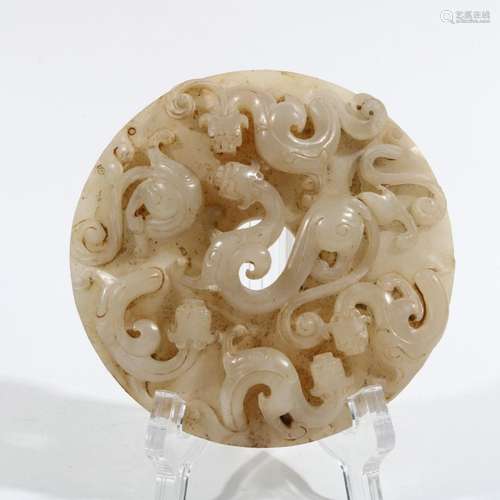 Carved dragon white jade bi