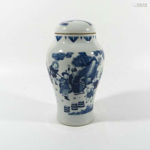 blue and white character jar