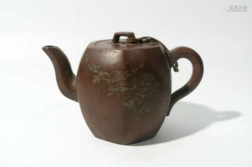 Hexagonal purple clay teapot