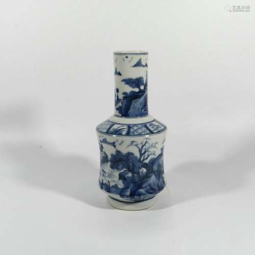 blue and white landscape character bottle