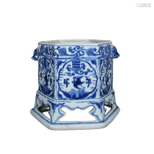 Blue and white hexagonal crane pattern incense burner