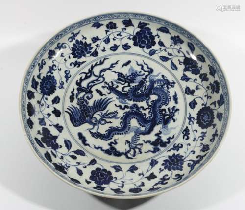 Blue and white dragon and phoenix pattern plate