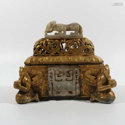 Gilt inlaid jade openwork box