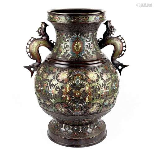 A large Japanese bronze and champleve enamel vase, late 19th...