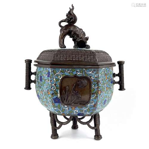 A Japanese bronze and cloisonne incense burner, Meiji period...