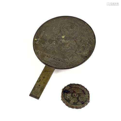 Two Japanese bronze hand mirrors, Meiji period.