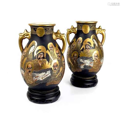 A pair of Japanese Satsuma porcelain vases, circa 1900, sign...