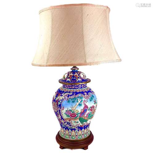 A 20th century canton enamel lamp base decorated with birds ...