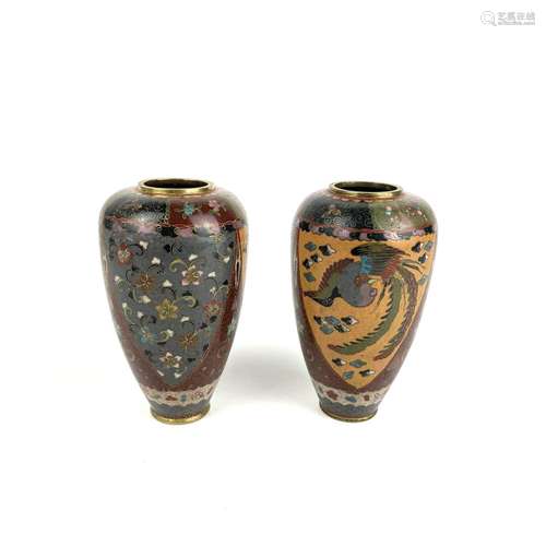 A pair of Japanese cloisonne enamel vases, Meiji period.