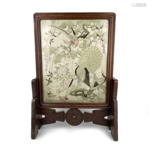 A Chinese hardwood framed silk embroidered table screen, 19t...