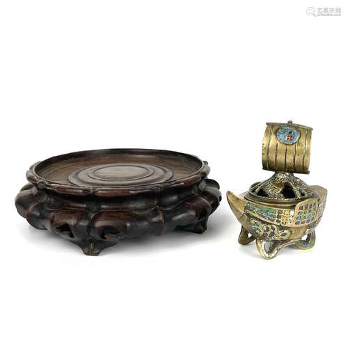 A Chinese polished bronze and champleve incense burner, 19th...