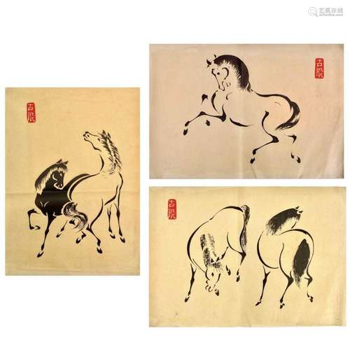 Three Chinese ink prints of horses.