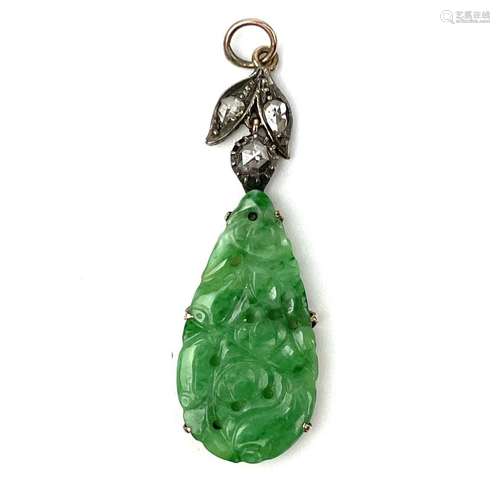 A Chinese green jade and diamond set pendant.