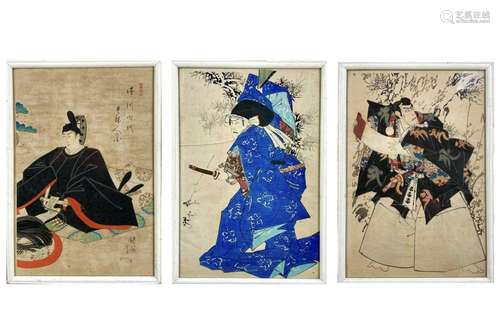 Three Japanese woodblock prints of Samurai warriors, circa 1...