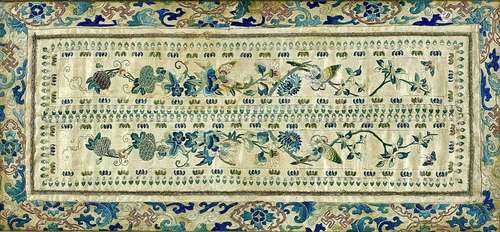 A Chinese silk embroidered panel mounted in a tray, late 19t...