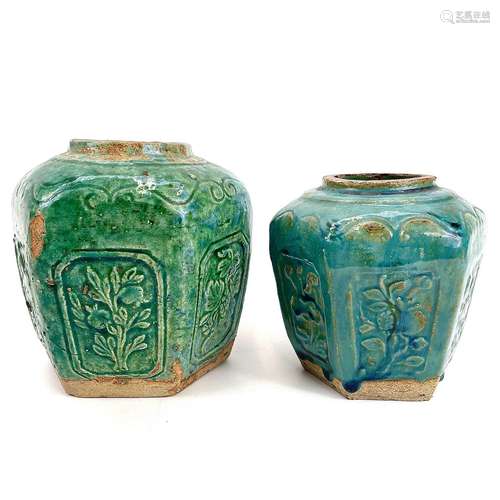 A Chinese pottery hexagonal vase with moulded flower design ...