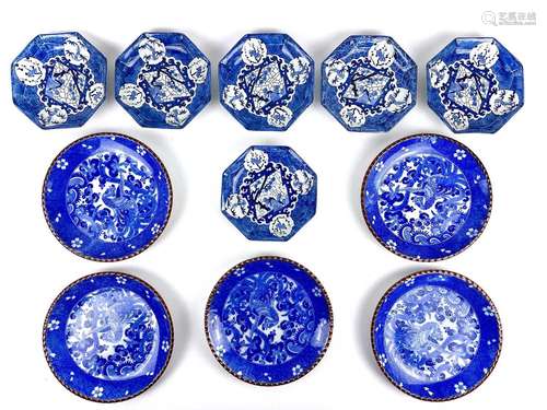 A set of six Japanese blue and white porcelain hexagonal dis...