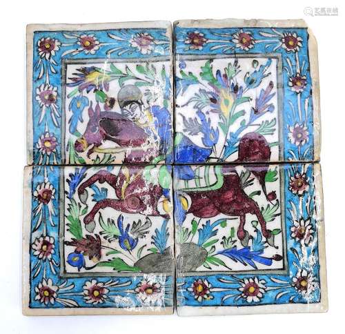 Four Persian pottery polychrome tiles, 19th century, Qajar D...