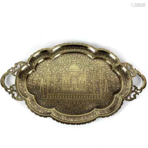 A Persian brass twin handled tray, late 19th century.