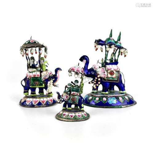 Three Indian silver and polychrome enamel chess pieces, earl...